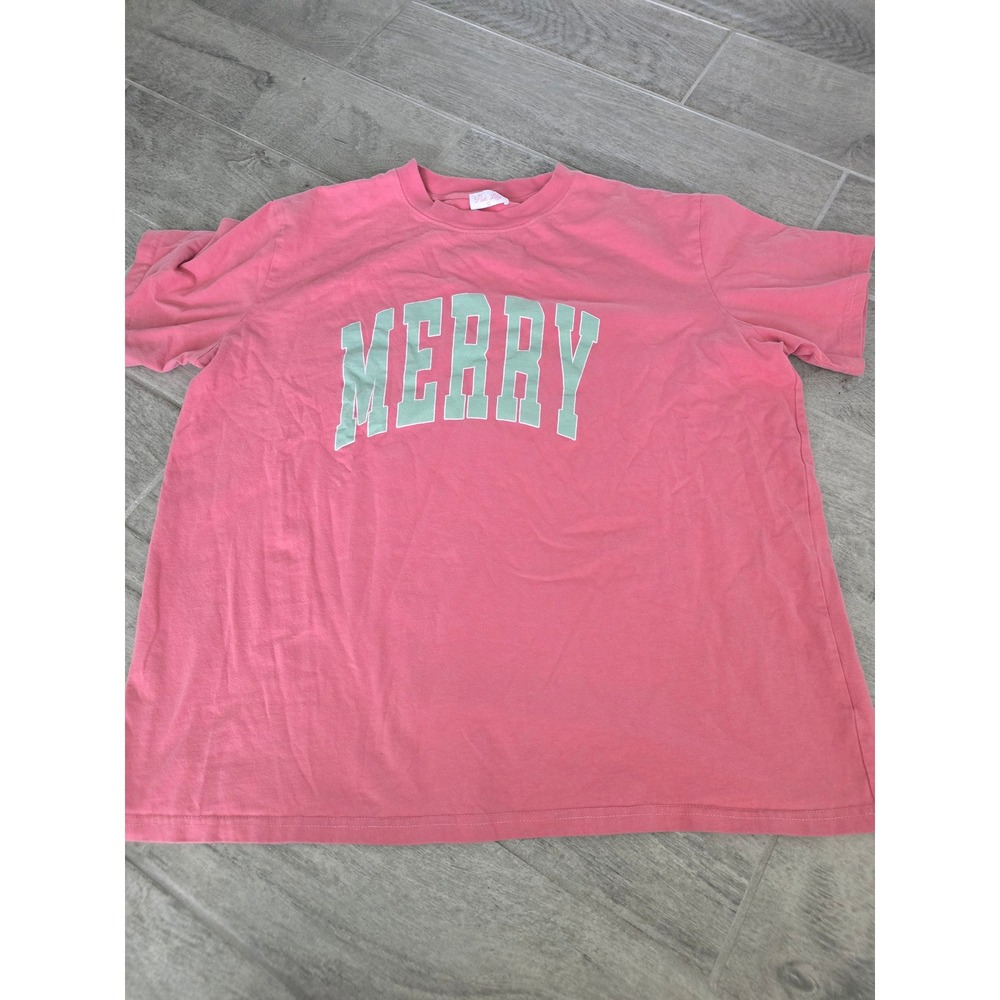 Pink Lily Merry Graphic T-Shirt Pink Green Collegiate Holiday Tee Large Boxy
